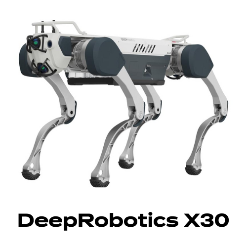 Robot cuadrúpedo DeepRobotics X30 con protección IP67 realizando inspección autónoma en túnel industrial con sensores LiDAR y cámaras térmicas