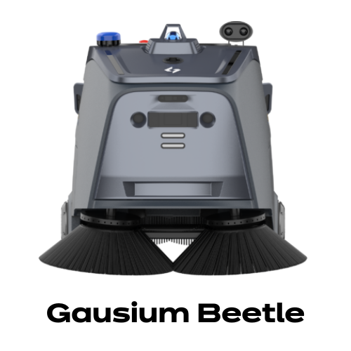 Barredora industrial Gausium Beetle limpiando playa de maniobras exterior con escombros y viruta en depósito logístico