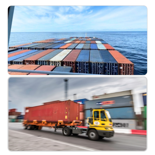 FCL-carga-contenedor-completo Contenedores marítimos FCL en tránsito por océano y en operación terrestre en terminal portuaria.
